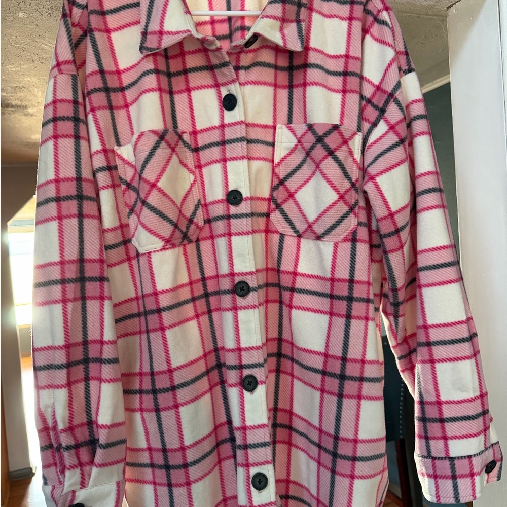Maurice’s Pink and White Plaid Button-Up Shacket with pockets XXL